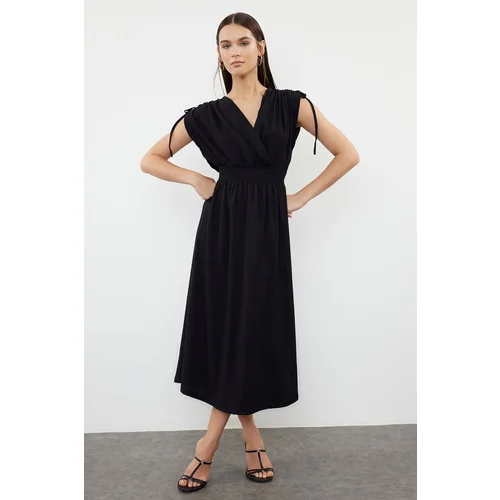  Black Plain Zero Sleeve Double Breasted Skater/Waist Opening Gathered Flexible Midi Dress Knit