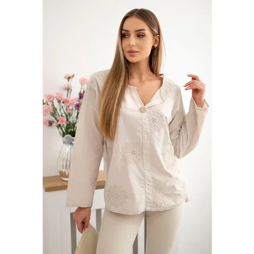 Kesi Włoski Shirt blouse with an embroidered pattern beige Kesi Włoski Shirt blouse with an embroidered pattern beige