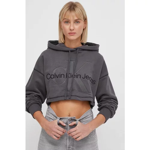 Calvin Klein Jeans Bombažen pulover ženska, siva barva, s kapuco