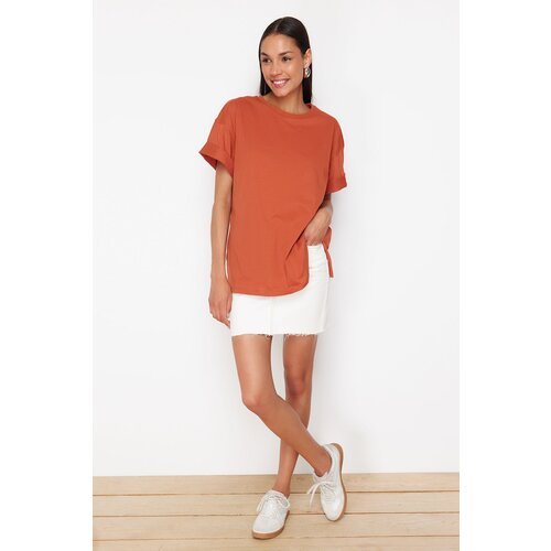 Trendyol Cinnamon Slogan Printed Oversize/Wide Pattern Knitted T-Shirt Cene