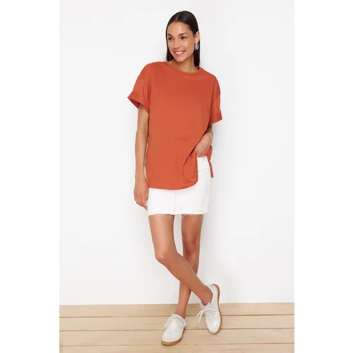 Trendyol Cinnamon Slogan Printed Oversize/Wide Pattern Knitted T-Shirt