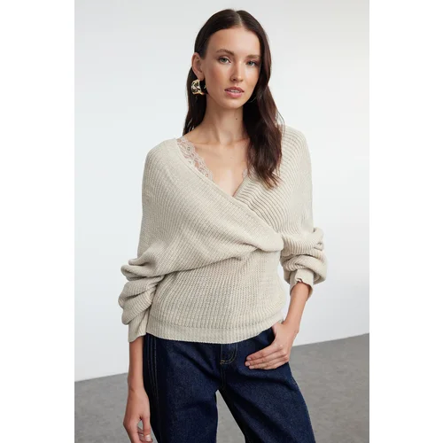 Trendyol Stone Double Breasted Lace Knit Sweater