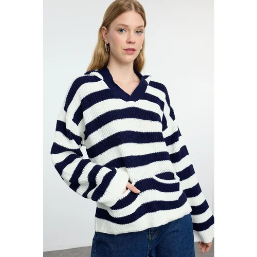 Trendyol Navy Blue Striped Hooded Knitwear Sweater