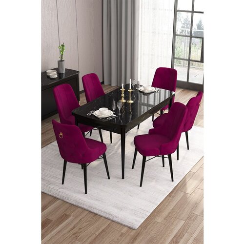 Hanah home Are - Black Marble, Damson Black MarbleDamson Extendable Dining Table & Chairs Set (7 Pieces) Cene