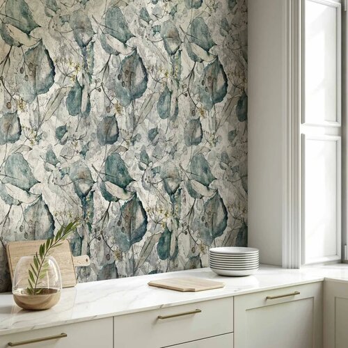  Foto tapeta - Autumn souvenirs - cool grey floral pattern with leaves 500x350 Slike
