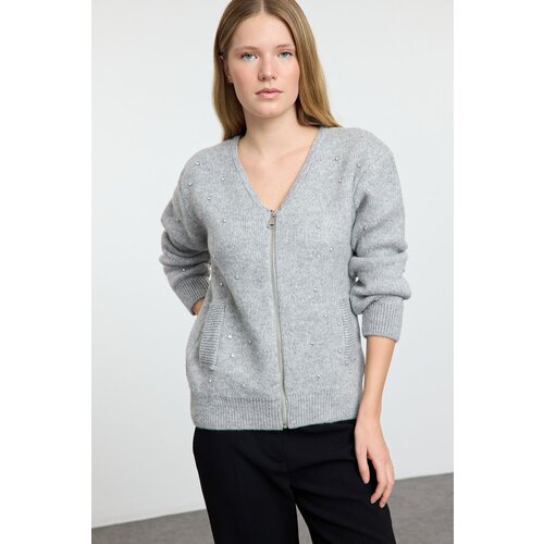  Gray Soft Texture Stone Embroidered Coat Look Knitwear Cardigan Slike