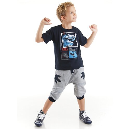 Mushi T-rex Info Boys&amp;#039; Navy Blue T-shirt with Gray Capri Shorts Summer Suit. Slike
