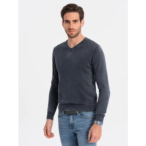 Ombre Washed men's sweater with v-neck - navy blue