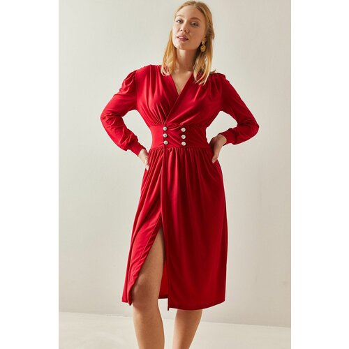 XHAN Red Double Breasted Neck Slit and Buttoned Midi Dress Cene