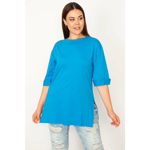 Şans Women's Plus Size Blue Double Sleeve Side Slit Blouse Cene