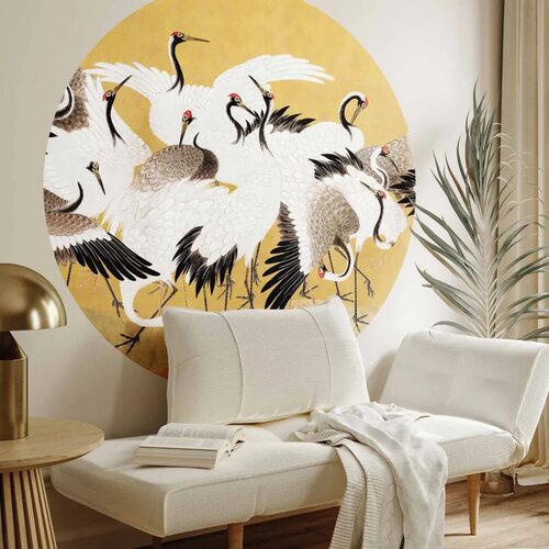  Okrugla fototapeta - Japanese cranes - a flock of birds against a golden background based on a painting by Ishida Yūtei 230x230 Cene