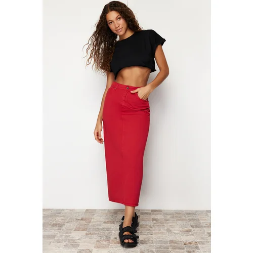 Trendyol Red Slit Maxi Denim Skirt