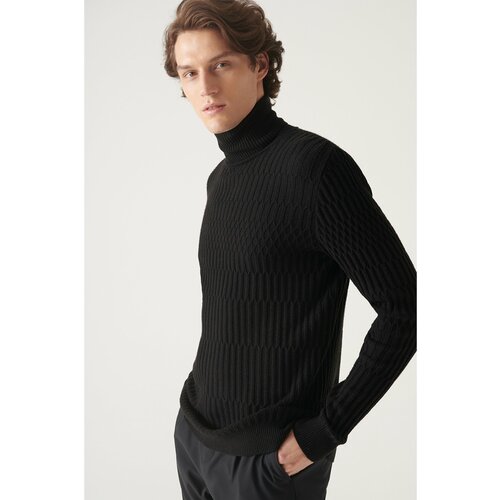 Avva Men's Black Full Turtleneck Knit Detailed Cotton Slim Fit Slim Fit Knitwear Sweater Slike