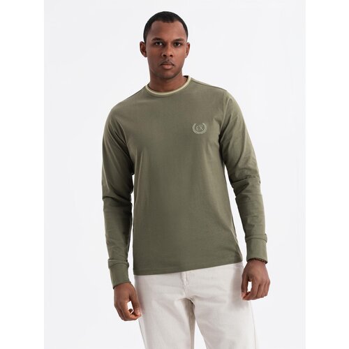 Ombre Men's cotton longsleeve with U neckline with stripes and embroidery - olive Cene