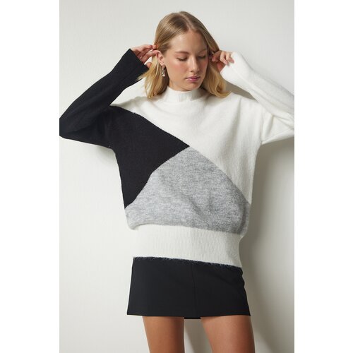 Happiness İstanbul Women's Ecru Black Block Color High Neck Knitwear Sweater Slike