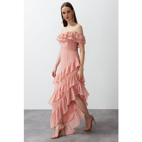 Trendyol Pale Pink Frilly Chiffon Long Evening Dress Slike