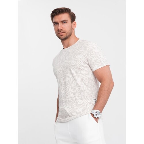 Ombre Men's fulllprint t-shirt in palm leaves - light beige Cene