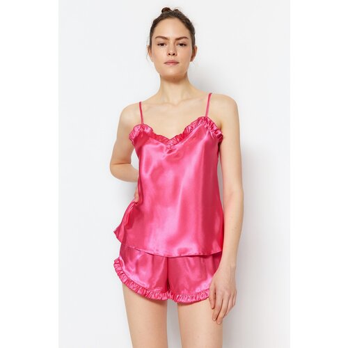 Trendyol Fuchsia Ruffled Rope Strap Satin Woven Pajama Set Slike