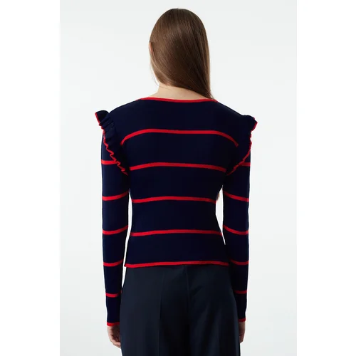 Trendyol Navy Blue Shoulder Flounce Striped Knitwear Sweater