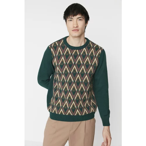 Trendyol Emerald Green Men's Slim Fit Crew Neck Patterned Knitwear Sweater