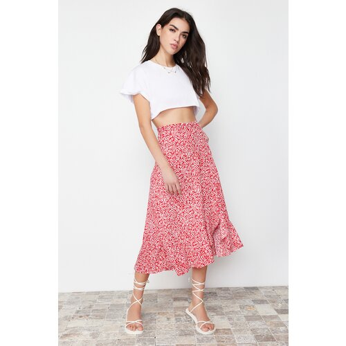 Trendyol Red Printed String Detailed and Flounce High Waist Stretch Knitted Skirt Slike