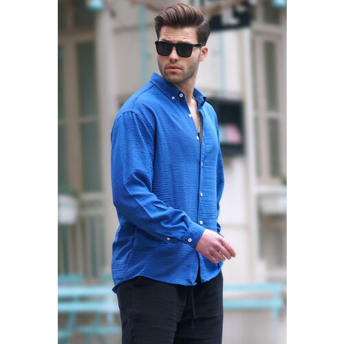 Madmext Men's Blue Long Sleeve Oversize Shirt 6735 Slike