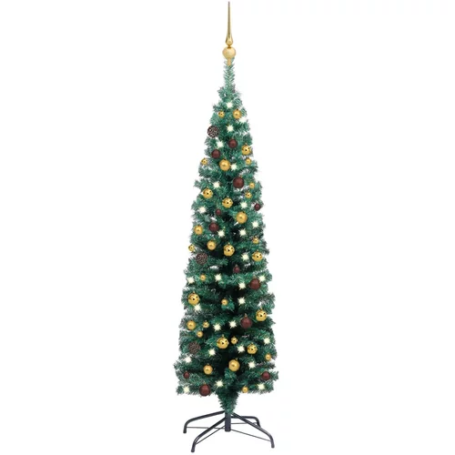 vidaXL usko božićno drvce s LED svjetlima i kuglicama zeleno 120 cm