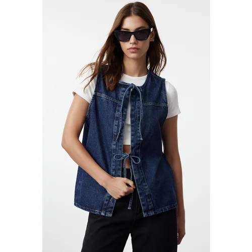 Trendyol Dark Blue Front Tie Oversize Denim Vest