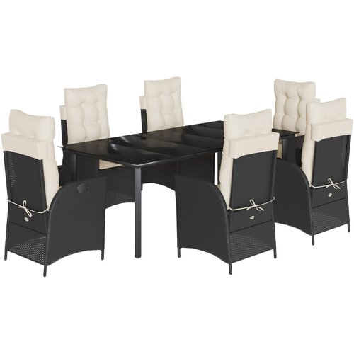  7-dijelni vrtni blagovaonski set s jastucima crni od poliratana Crna 200 x 100 x 74 cm Slike
