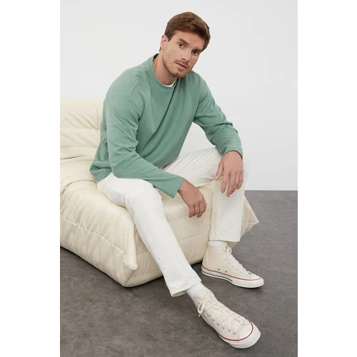 Trendyol Mint Oversize/Wide Cut Crew Neck Textured T-Shirt with Stitching Detail