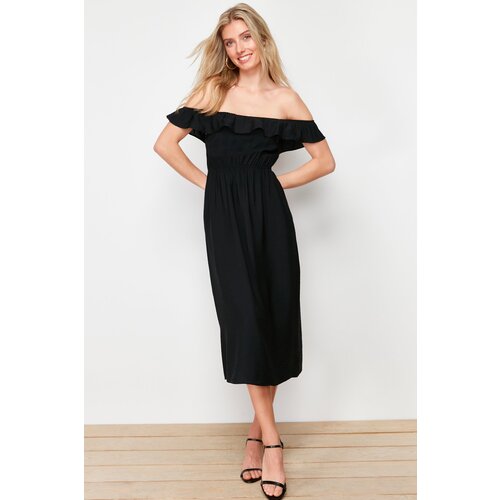 Trendyol Black Straight Cut Carmen Collar Linen Look Maxi Woven Dress Slike