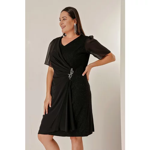 By Saygı Plus Size Chiffon Detailed Dress with Shirling and Linen.
