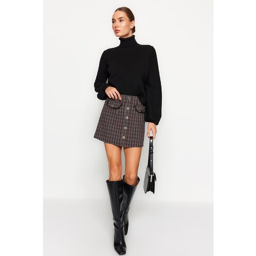 Trendyol Checkered Mini Woven Mini Skirt with Pocket and Button Detail in Brown Tweed Slike