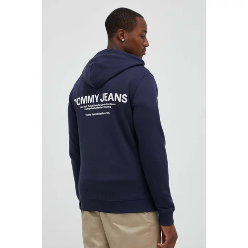 Tommy Jeans Bombažen pulover moška, mornarsko modra barva, s kapuco