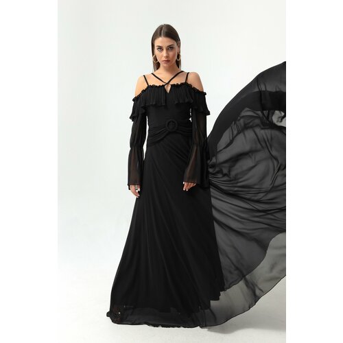 Lafaba Women's Black Halter Low Sleeve Chiffon Evening Dress. Slike