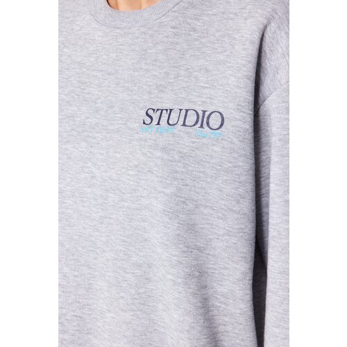 Trendyol Gray Melange Back with Print Detailed Thick Fleece Inside Regular/Normal Knitted Sweatshirt Cene
