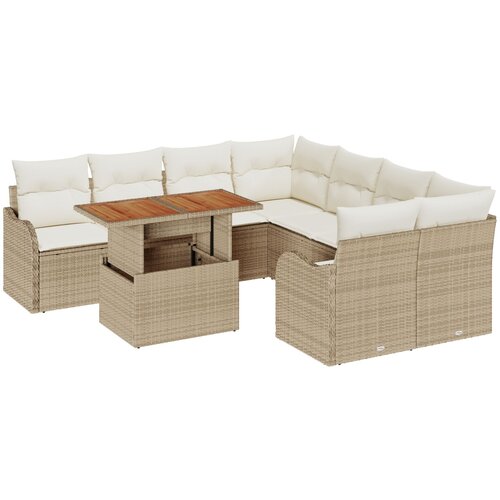 VidaXL 9-dijelni vrtni sofa set s jastučićima bež poli ratan akacija, 2-sjedalna vrtna sofa s jastučićima bež poli ratan Slike