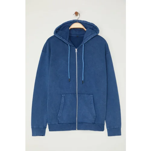 Trendyol Indigo Oversize/Wide Cut Hooded Vintage/Faded Effect Basic Zipper Cardigan/Sweatshirt