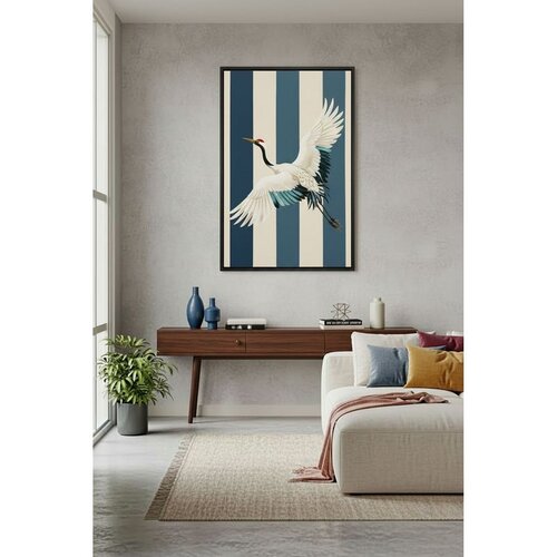 Wallxpert uramljena slika na platnu Huhu3117, beli ždral u letu na plavo-bež prugastoj pozadini, 50 x 70 cm Cene