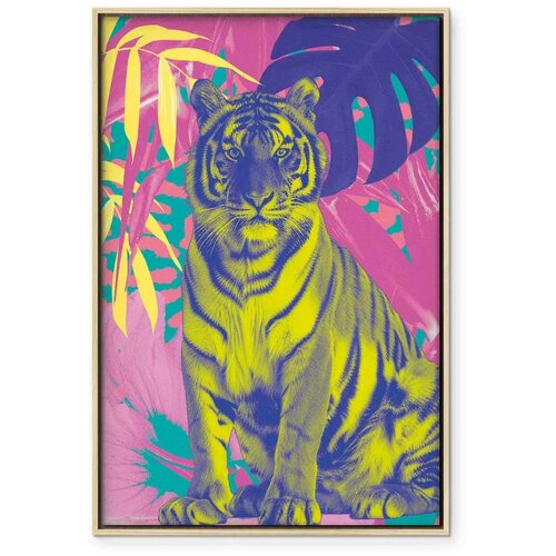  Slika - Colorful Tiger - Intense Colors of a Tiger Surrounded by Tropical Plants 80x120 U prirodnom drvenom okviru Slike