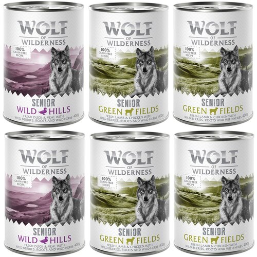 Wolf of Wilderness - mje&amp;scaron;ovito pakiranje - 6 x 400 g Senior miks: 4x janjetina i piletina, 2x pačetina i teletina Slike