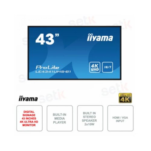 Iiyama 43" 1920x1080, IPS panel, 1% Haze, Landscape mode, Speakers 2x 10W , VGA, 3x HDMI, 350cd/m², Media Play USB Port, Control LAN / RS232C, VESA 400x400 Cene