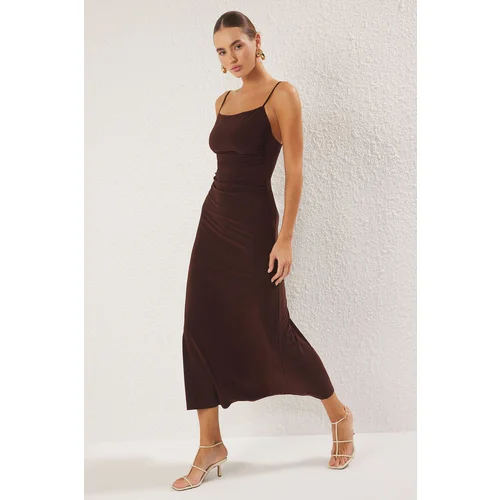 Trendyol Brown Strapless Backless A-line/Flare Stretchy Maxi Knit Dress