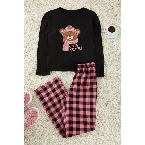 Trendyol Black 100% Cotton Teddy Bear Printed Plaid Knitted Pajama Set Slike