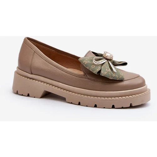 Laura Messi Women's Leather Moccasins with Bow 2787 Beige