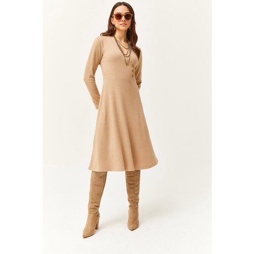 Olalook women's camel button detailed double breasted midi bell dress Cene