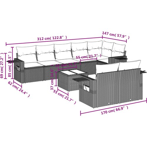  9-dijelni set vrtnih sofa s jastucima crni od poliratana Crna 85 x 62 x 69 cm Slike