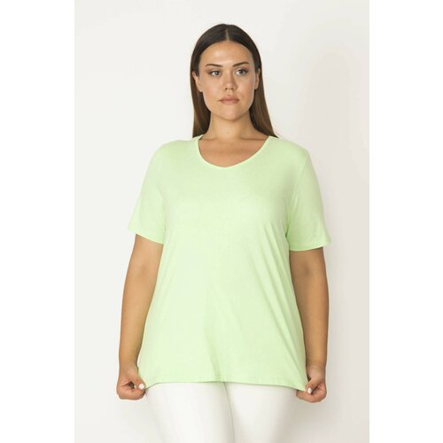 Şans Women's Plus Size Green Cotton Fabric V-Neck Short Sleeve Blouse Slike