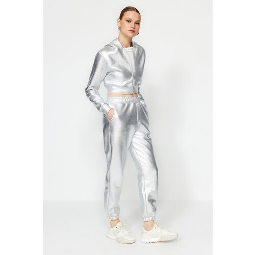 Trendyol Gray Foil Printed Fleece High Waist Knitted Sweatpants Slike