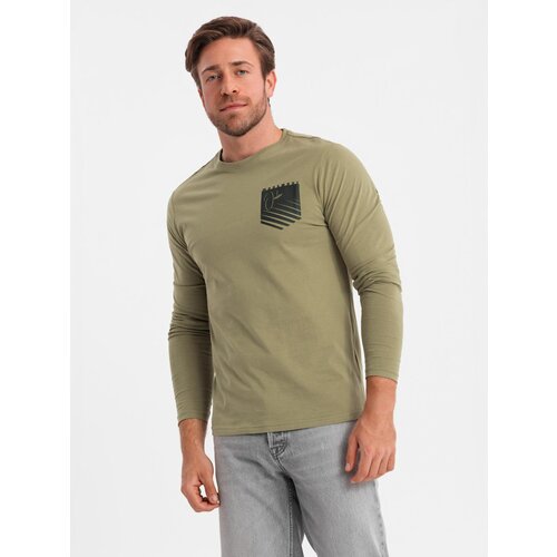Ombre Longsleeve męski z printem w kształcie kieszonki - oliwkowy Cene